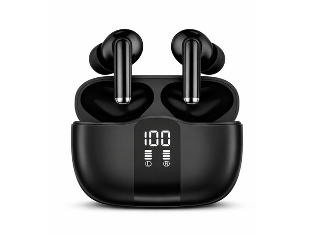 Hybrid ANC Earbuds, Noise Cancelling Bluetooth 5.3 Headphones, Black Rich bass, clear calls, LED battery case, USB-C charging, immersive audio...