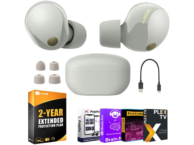 WF-1000XM5 Noise Canceling Truly Wireless Earbuds (Silver) Bundle with 2 YR CPS Enhanced Protection Pack and Audio Essentials Software