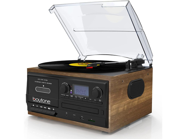 BT-32W Bluetooth Classic Record Player Turntable All-in-One Bookshelf System with AM/FM Radio, CD/Cassette Player, Stereo Speakers, Record from...