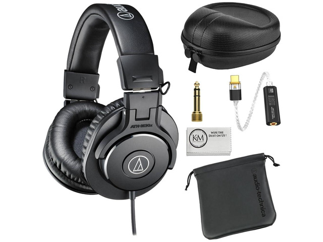 ATH-M30x Professional Monitor Headphones (Black) Bundle with USB-C Headphone Adapter w/Built-in DAC + Headphone Case + Cleaning Cloth (4 Items)