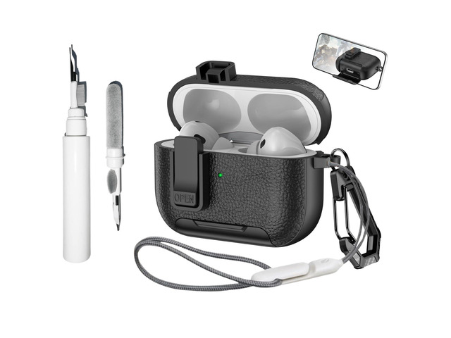 [4 in 1] Lock Case Compatible with AirPods Pro 3 with Keychain and Cleaning Kit, Hard PC Stand Shockproof Protective Cover for Woman Man with Lanyard