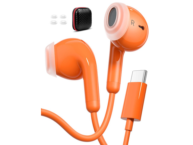 USB C Earbuds for iPhone 17 Pro Max Air 16 15 Plus/iPad Air Orange Wired Headphones for Android with Mic Type C Plug HiFi Stereo Earphones for...