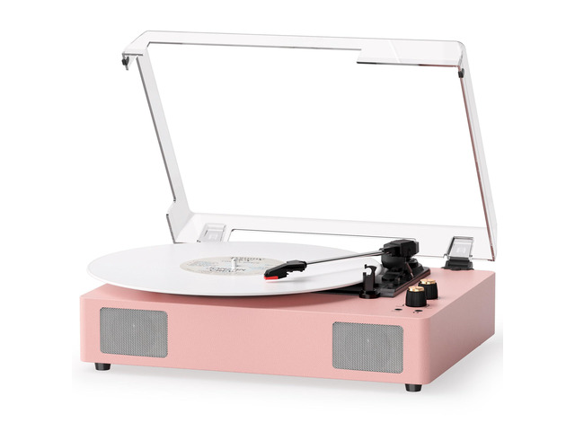 Pink Bluetooth Record Player, 3-Speed Belt Drive Turntable Stylish pink design with Bluetooth, 3-speed playback, bass and treble control, stereo...