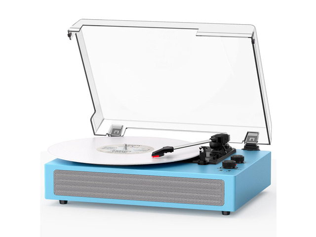 Sea Blue Bluetooth Record Player, Vintage 3-Speed Turntable Stylish sea blue design with Bluetooth, 3-speed belt-drive, stereo speakers, auto...