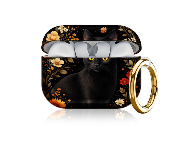 Compatible with AirPod Pro 3 Case, Cute Hard TPU Protective Cover with Keychain, Shockproof Design Case for Women & Girls,Black Cat Floral