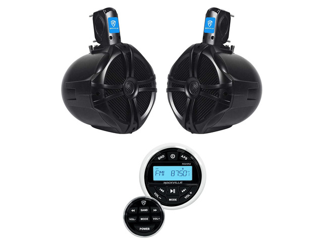RGHR2 Marine Gauge Hole Receiver Bundle with RWB80B 8' Speakers IP66 Waterproof, Bluetooth, USB, AM/FM, RCA Aux, 8' Black Wakeboard Tower Speaker...