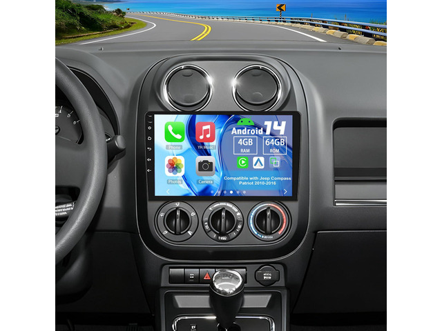 2 Din Car Stereo Upgrade Radio for Jeep Compass Patriot 2010-2016 Android 14 4G+64G 10' Touchscreen Carplay Android Auto GPS WiFi Bluetooth RDS...
