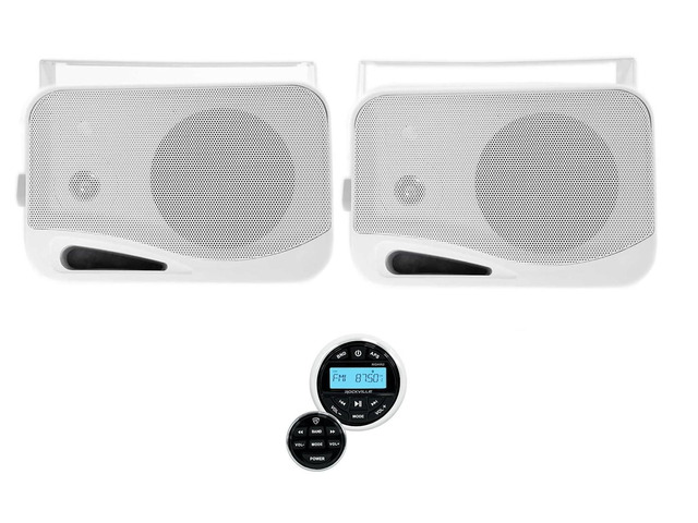 RGHR2 Marine Gauge Hole Receiver Bundle with HP4S 4' Speaker Pair Bluetooth, USB, AUX, AM/FM Radio, 360W Peak / 120W RMS, IPX44, White, Swivel...