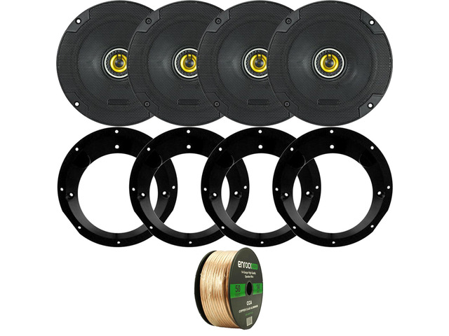 Kicker 46CSC654 600-Watt 6.5' Inch 2-Way Black Car Coaxial Speakers - 4 Pack With Mounting Rings For Motorcycles, 50 Foot 14 Gauge Speaker Wire
