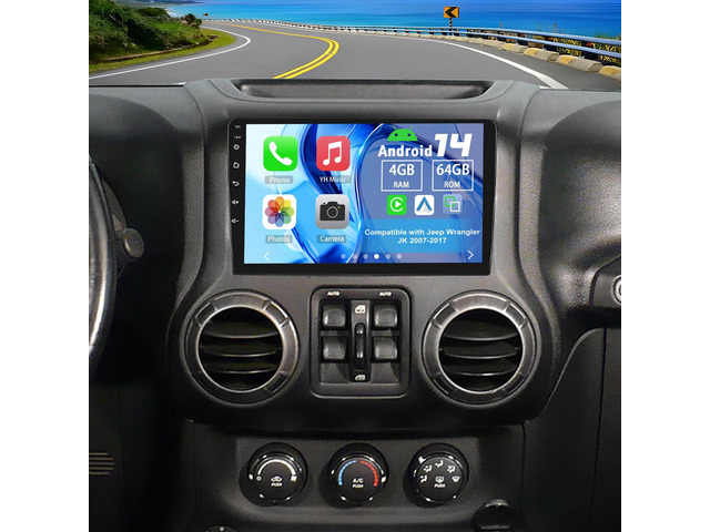 Double Din Car Stereo Upgrade Radio for Jeep Wrangler JK 2007-2017 Android 14 4G+64G 10' Touchscreen Carplay Android Auto GPS WiFi Bluetooth RDS...