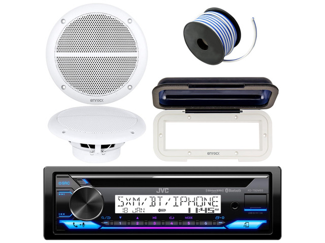 In-Dash Marine Boat Bluetooth Radio USB CD Receiver Bundle, Cover with pair Enrock 6.5' White Stereo Speakers, 18g 50ft Marine Speaker Wire