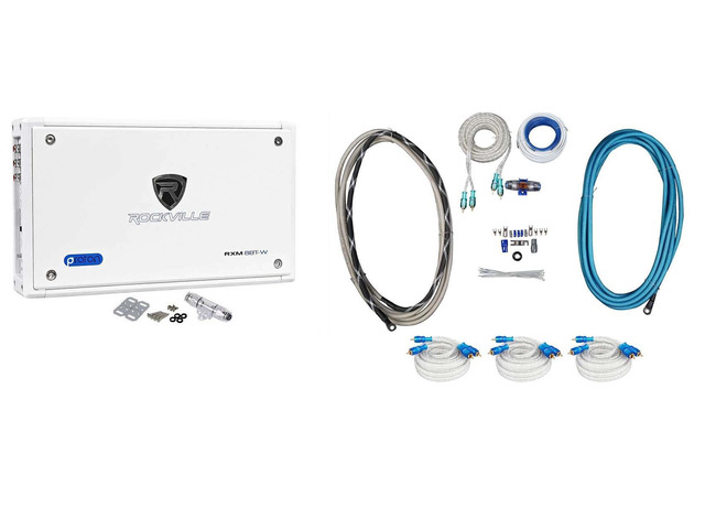 RXM8BTW Bluetooth Marine Amplifier with RMWK4 4 AWG Wire Kit Bluetooth, 1500W Peak / 750W RMS, Class D, 3 MRCA25 25' Marine RCA Cables,...
