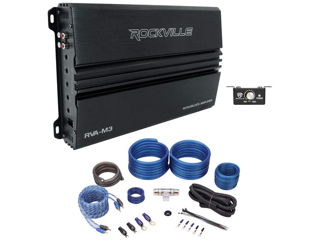 RVA-M3 V2 Mono Car Amplifier Bundle with RWK41 4 Gauge Wire Kit 4000W Peak / 1000W RMS @ 1 Ohm, Class D, LPF 32-300Hz, Bass Remote, RWK41 4 Gauge...