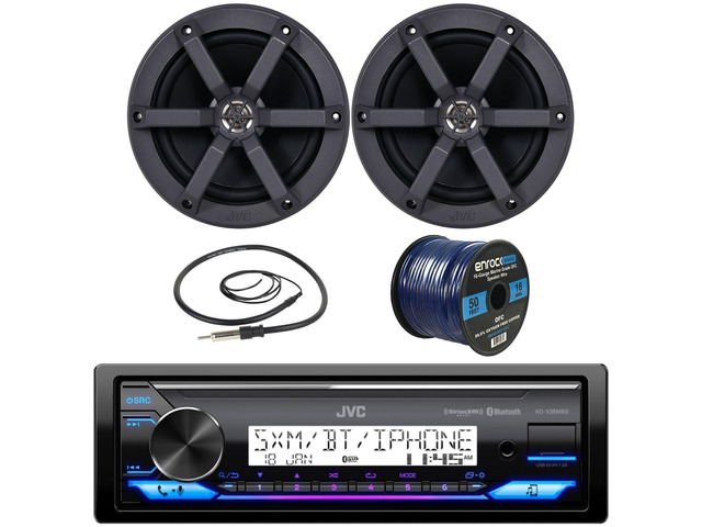 Single DIN Marine Bluetooth AM/FM Stereo Receiver with 2X 6.5 100 Watt 2-Way Speakers, Radio Antenna and 16 Gauge 50-Ft Wire