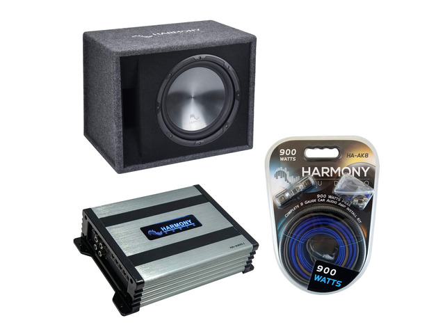 Loaded 12' Vented Sub Box 600W with A400.1 Amp and Wiring Kit Rhythm Series subwoofer enclosure, Class D mono amplifier combo, complete bass...