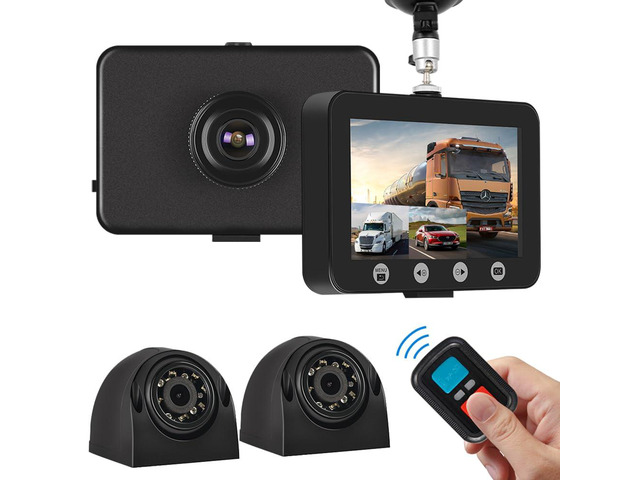 T4.5 3 Channel Dash Cam with 4.5' Monitor, Waterproof Backup Camera - 1080P Front & IR Night Vision Rear/Side Cameras for Semi Truck RV Trailer Van...