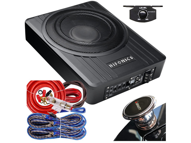 Brutus BW-110A - 800 Watts Compact Amplified Under The Seat Car Truck Subwoofer Low Profile with Bass Remote and 4 Gauge Red Kit and Gravity Magnet...