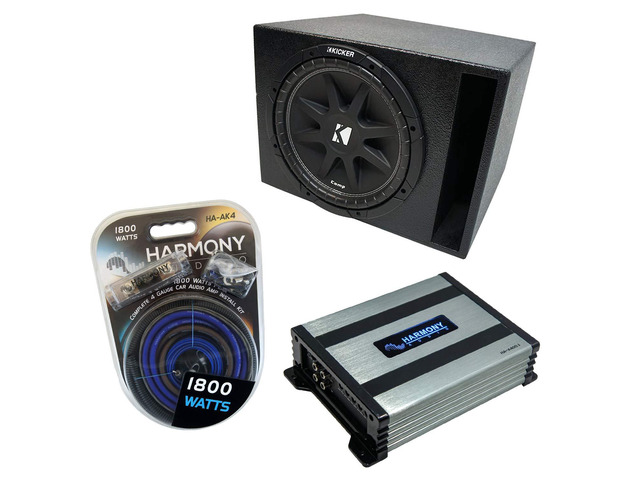 Universal Car Stereo Rhino Coated Ported 12' Kicker Bundle Comp C12 Sub Box Enclosure & Harmony HA-A400.1 Amp