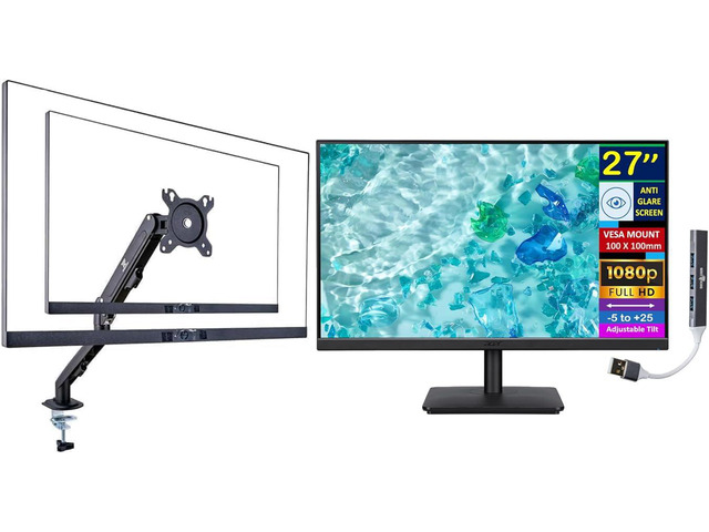 27' FHD IPS Monitor with 4ms Response Time Anti Glare, VESA Mount (100mm), VGA, HDMI, Black Color with DKZ Hub & ErgoFlexy Single Monitor Mount