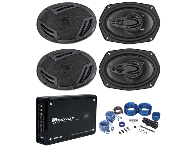 RV69.4A 6x9 4-Way Car Speaker 2-Pair with Atom P20 Amp 1000W Peak / 220W RMS Per Pair, 4 Ohm, 1600W Peak / 440W RMS Amp, Volt Meter, RWK42 Kit, 2...