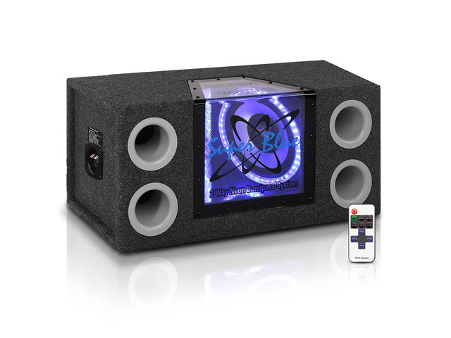 1000W Dual Bandpass Speaker System - Car Audio Subwoofer w/ Neon Accent Lighting, Plexi-Glass Front Window, 4 Tuned Ports, Silver Polypropylene...