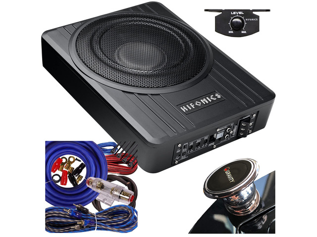 Brutus BW-110A - 800 Watts Compact Amplified Under The Seat Car Truck Subwoofer Low Profile with Bass Remote and 4 Gauge Blue Kit and Gravity...