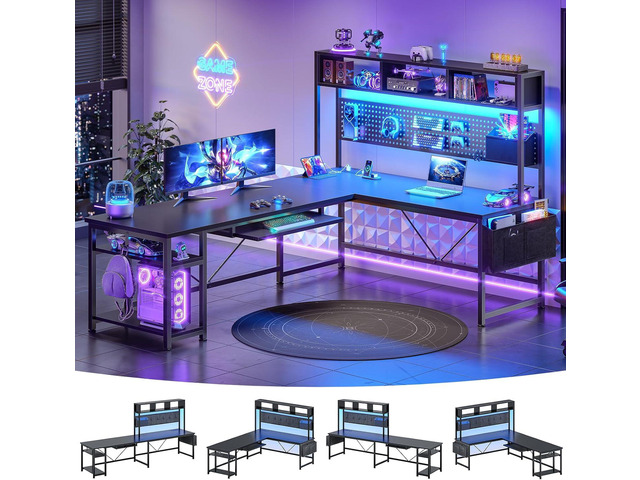 SEDETA 67' L Shaped Gaming Desk with Pegboard LED Lights and Power Outlet