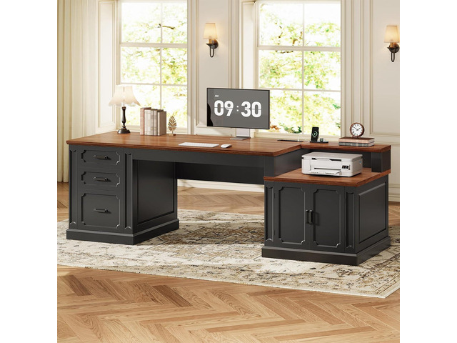70.9' Executive Desk, Home Office Desk with File Drawers and Storage Cabinet, Computer Desk with Power Outlet for Home Office, Work Study Writing,...