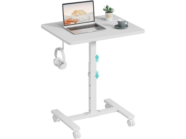 Small Portable Rolling Desk Adjustable Height, 24 Inch Mobile Laptop Desk with Wheels for Dorm Room, C-Shaped Table for Sofa and Bed Side, Study...
