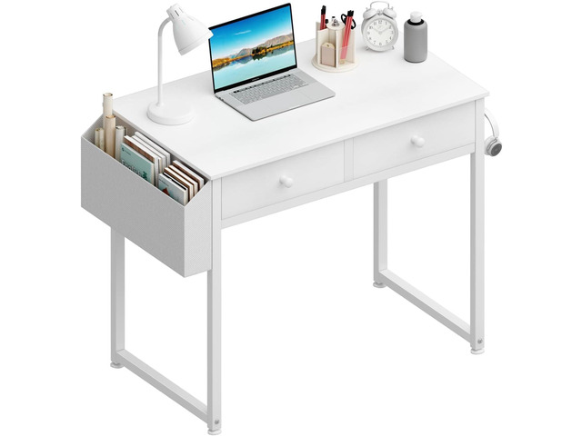 Small White Kids Desk with Drawers for Bedroom, 32 Inch Home Office Desks with Fabric Storage Drawer and Bag, Study Writing Vanity Table for Small...