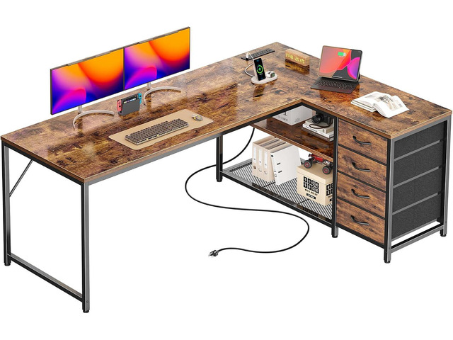 61' L Shaped Desk with Power Outlets & 4 Drawers