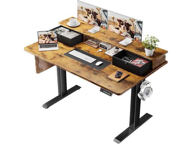 Veken 47x28 in Electric Standing Desk with Drawers, Adjustable Table, Brown