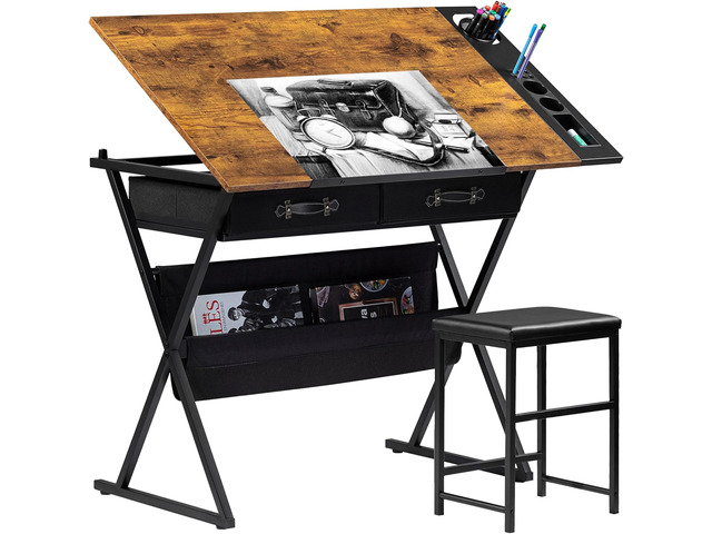 Drafting Table Art Desk Art Table Adjustable Drawing Table Tilted Tabletop with 2 Storage Drawers and Stool, Drawing Desk for Artist Painters...