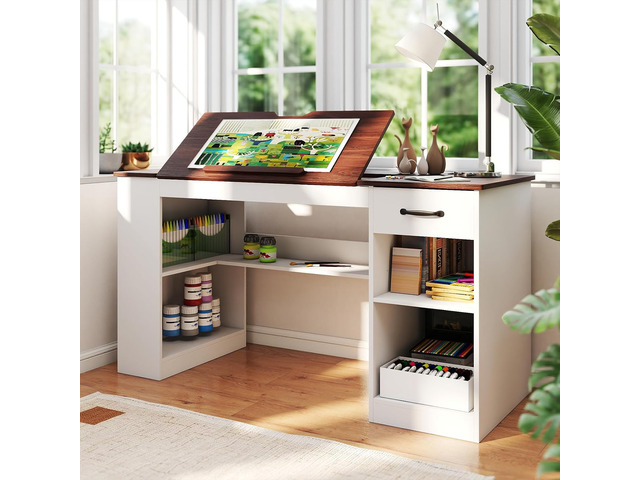55.1' Drafting Table, Craft Art Table, Computer Desk Storage Cabinet, Drawer, 0-80° Tiltable Tabletop, Adjustable Shelf, Power Outlet, Artists,...