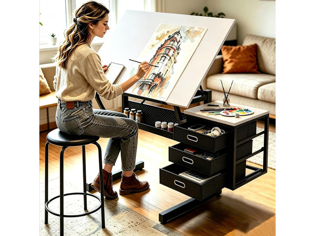 Drafting Table with Stool & 3 Storage Drawers for Adult Teenager, White 0-75° Adjustable Lockable Tilt Angle, 23.62' x 35.43' Tabletop, Art Desk...