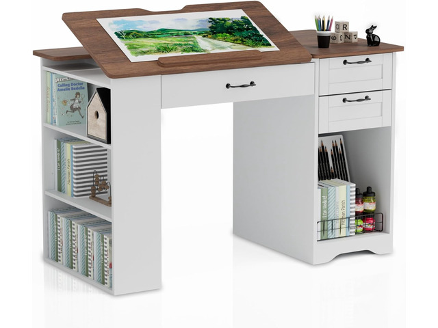 Drafting Table with Storage Cabinet & Drawers, Adjustable Drawing Table with Open Shelves, Craft Art Desk for Artists, Painters, Drawing, Crafting,...