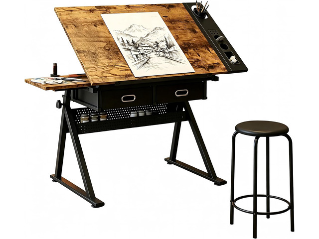 Height Adjustable Drafting Table, 0-75°Tilting Drawing Desk Artist Table w/Stool, Multifunctional Art Craft Workstation with 2 Storage Drawers...