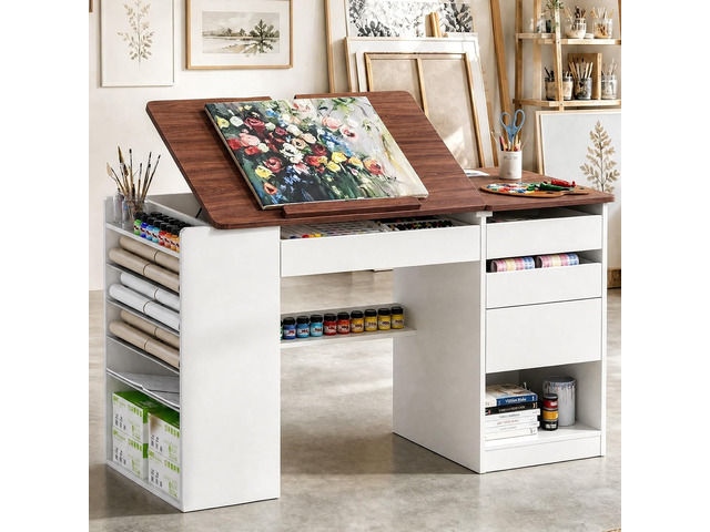 Adjustable Drafting Table with Storage & Removable Shelves 0°-80° Tiltable Drawing Board, 4 Tilted & Removable Side Shelves, Built-in Charging...