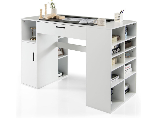 Craft Table with Storage, Artwork Sewing Table 14 Large & Small Storage Compartments, 1 Sliding Drawer, 1 Cabinet with 2 Shelves, 36' Counter...