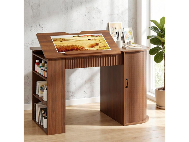 Drafting Table with Storage Cabinet & Drawers, Adjustable Drawing Table with Open Shelves, Crafting Table Art Desk for Home Office, Reading,...