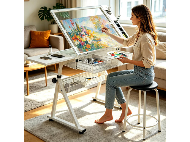 Drafting Table with Storage & Stool, Tempered Glass, 0-75° Lockable Angle, 27.16' to 35.82' Adjustable Height, 40.15' x 23.62' Tabletop, 2 Drawers...