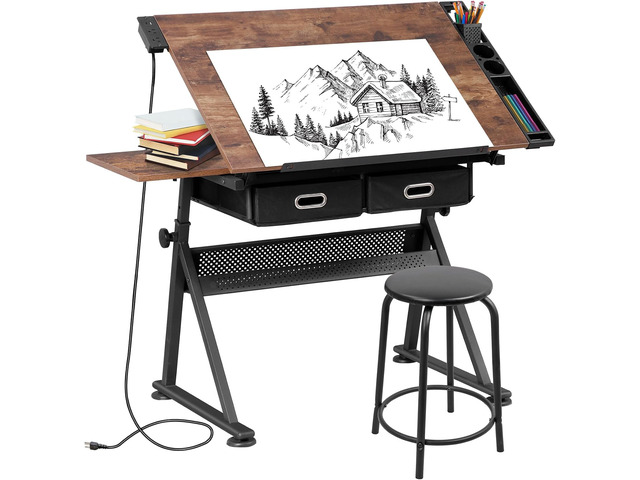 Drafting Table Set with Charging Station, Height Adjustable Tilting Drawing Desk Artist Desk with Stool Multifunctional Art Craft Workstation with...