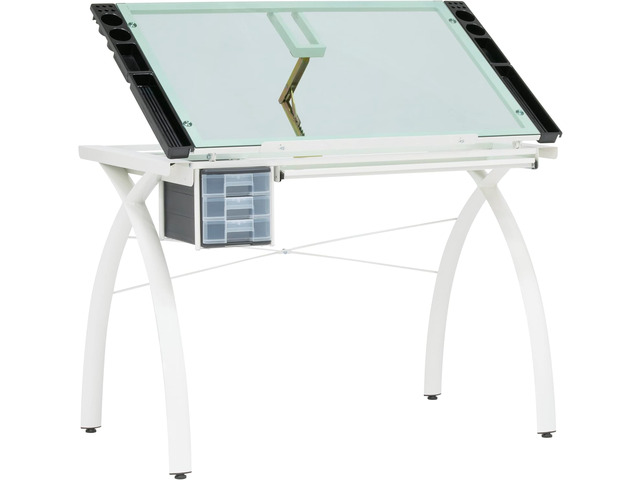 Futura Craft & Drawing Table with Adjustable Tempered Safety Glass Top Modern Art Desk with Storage Drawers, Pencil Ledge, Matte Ivory/Sea Green...