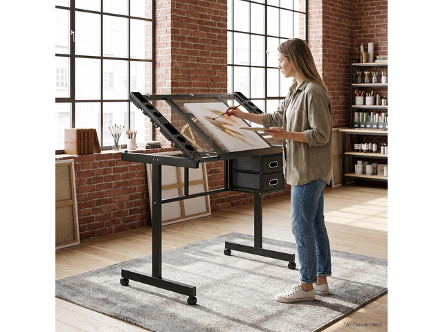 Rolling Drafting Table on Wheels, Painting Table Art Craft Desk Crafting Table with Tilting Transparent Tempered Glass Top, 2 Fabric Storage...