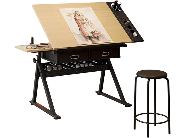 Height Adjustable Drafting Table, 0-75° Tilting Drawing Table Art Desk for Adults, Artist Desk with 2 Storage Drawers, Watercolor Paintings...