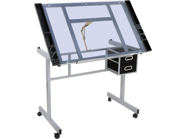 Adjustable Drafting Table Drawing Desk Art Craft Station Drafting Desk Glass Tabletop w/2 Slide Drawers and Wheels for Drawing, Sketching, Reading,...