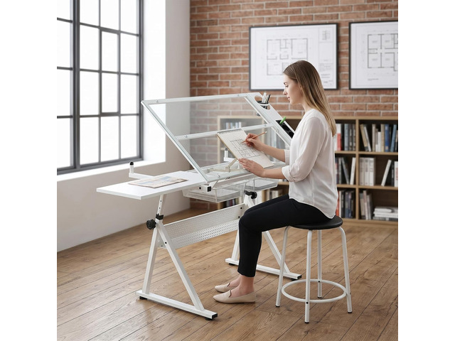 White Drafting Table with Stool Height Adjustable Art Craft Desk with Storage, Tilting Tempered Glass Tabletop, Expansion Board, Drawing Table for...