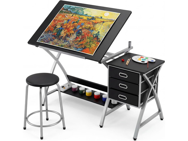 Tabletop Adjustable Drafting Table, Drawing Table for Adults Drafting Desk Art Desk with Stool & 3 Storage Drawers,Modern Painting Studio Work...