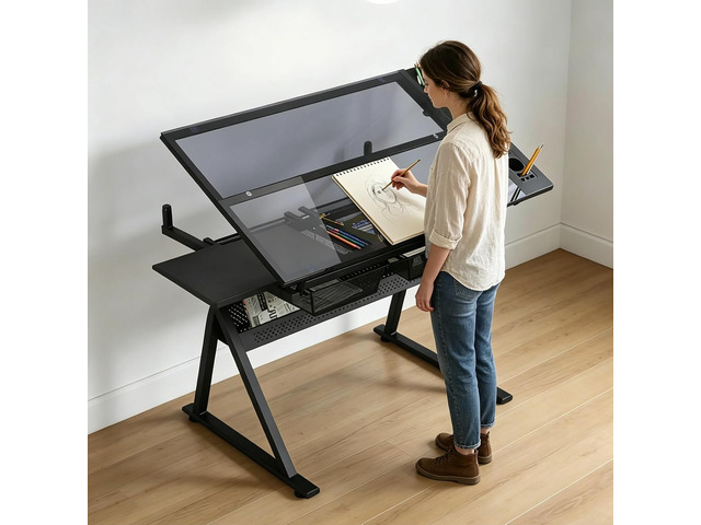 Drafting Table, Adjustable Height Drawing Table Art Table Painting Table Art Craft Desk with 0-75° Tilting Glass Tabletop and Storage Drawers, Black