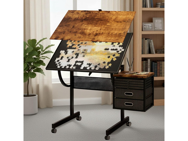 2 in 1 Puzzle Table Double-Sided with Wheels, Adjustable Drafting Desk with Drawers, Felt Storage Trays,, Art Table with 75° Tilted Tabletop,...